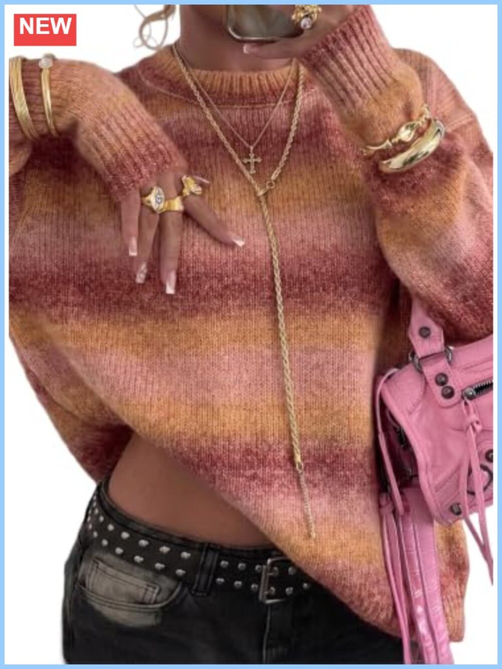 Womens Crewneck Lantern Sleeve Color Block Striped Sweater